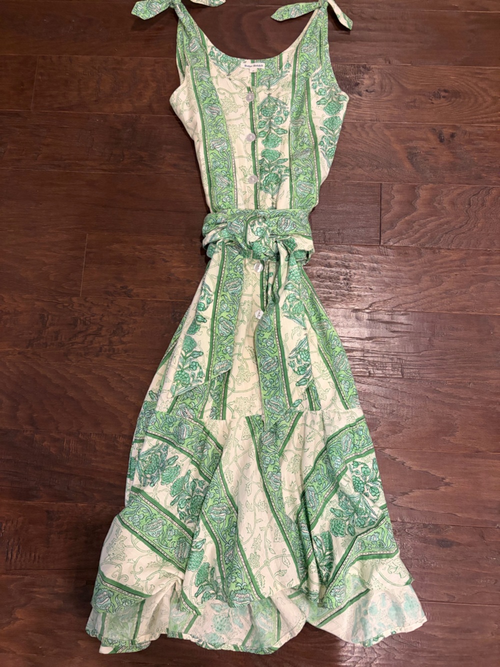 Roller Rabbit Cream and Green Paisley Tie-Shoulder Maxi Dress